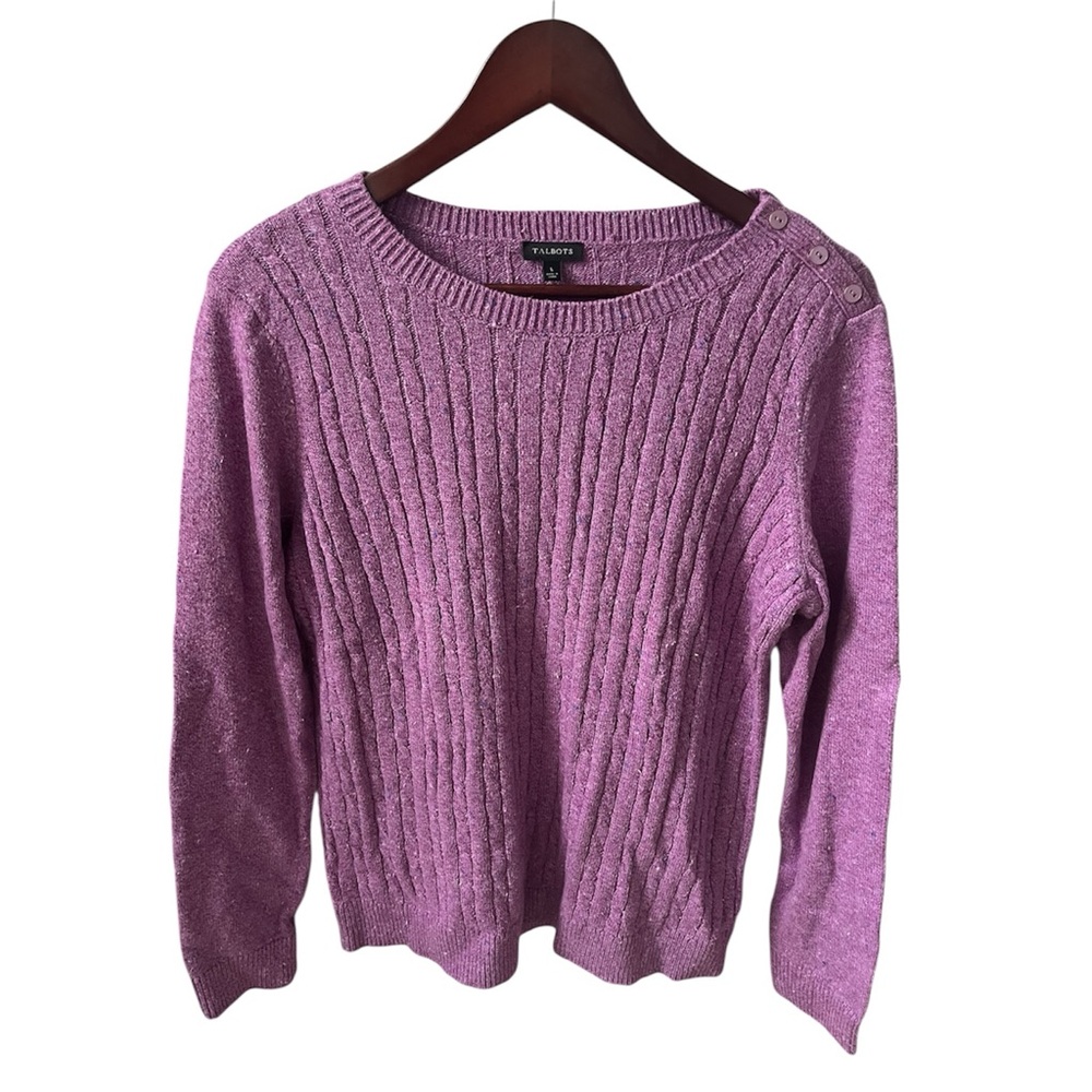 Talbots Purple Speckled Cable Knit Sweater Large Decorative Shoulder Buttons